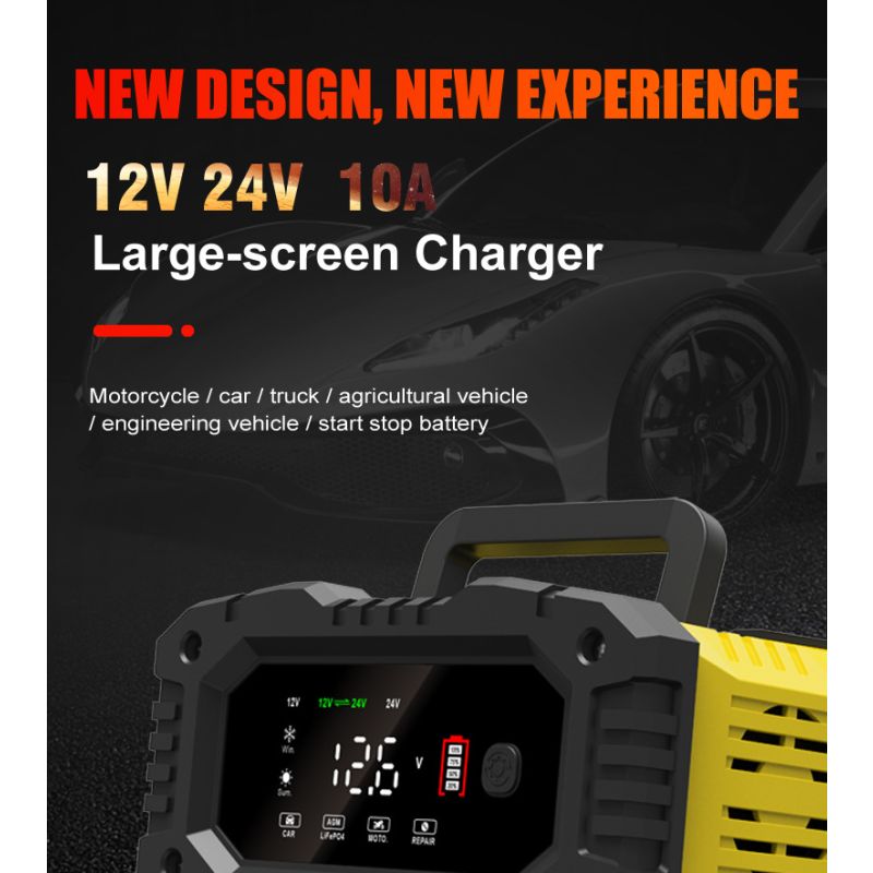 FOXSUR Caricabatteria portatile 12V 24V per auto moto camion compatibile AGM LiFePO4 e batterie al piombo carica automatica a 7 fasi per una salute ottimale delle batterie