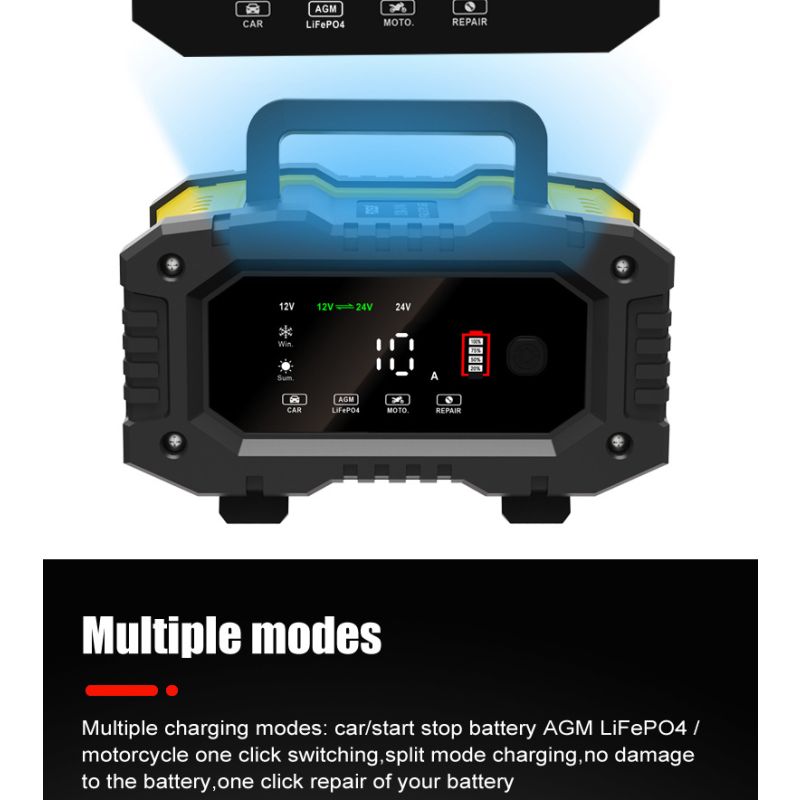 FOXSUR Caricabatteria portatile 12V 24V per auto moto camion compatibile AGM LiFePO4 e batterie al piombo carica automatica a 7 fasi per una salute ottimale delle batterie
