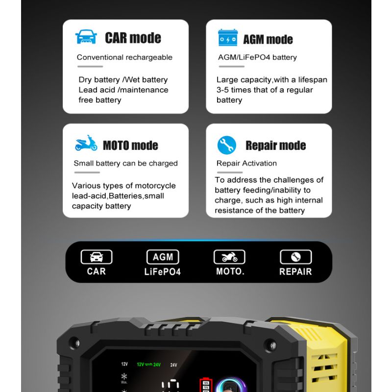 FOXSUR Caricabatteria portatile 12V 24V per auto moto camion compatibile AGM LiFePO4 e batterie al piombo carica automatica a 7 fasi per una salute ottimale delle batterie