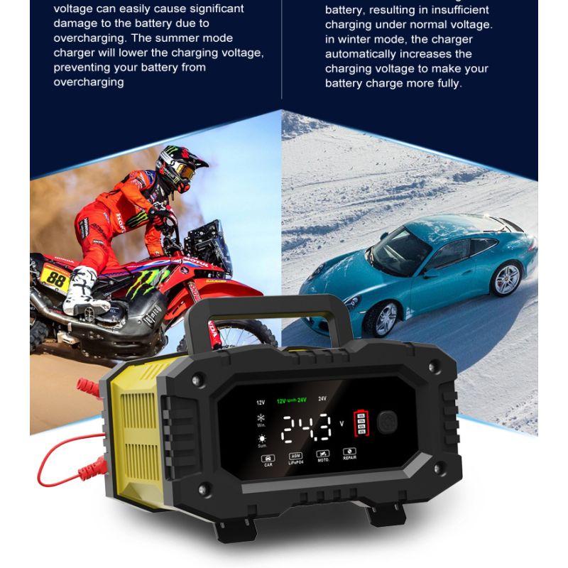 FOXSUR Caricabatteria portatile 12V 24V per auto moto camion compatibile AGM LiFePO4 e batterie al piombo carica automatica a 7 fasi per una salute ottimale delle batterie