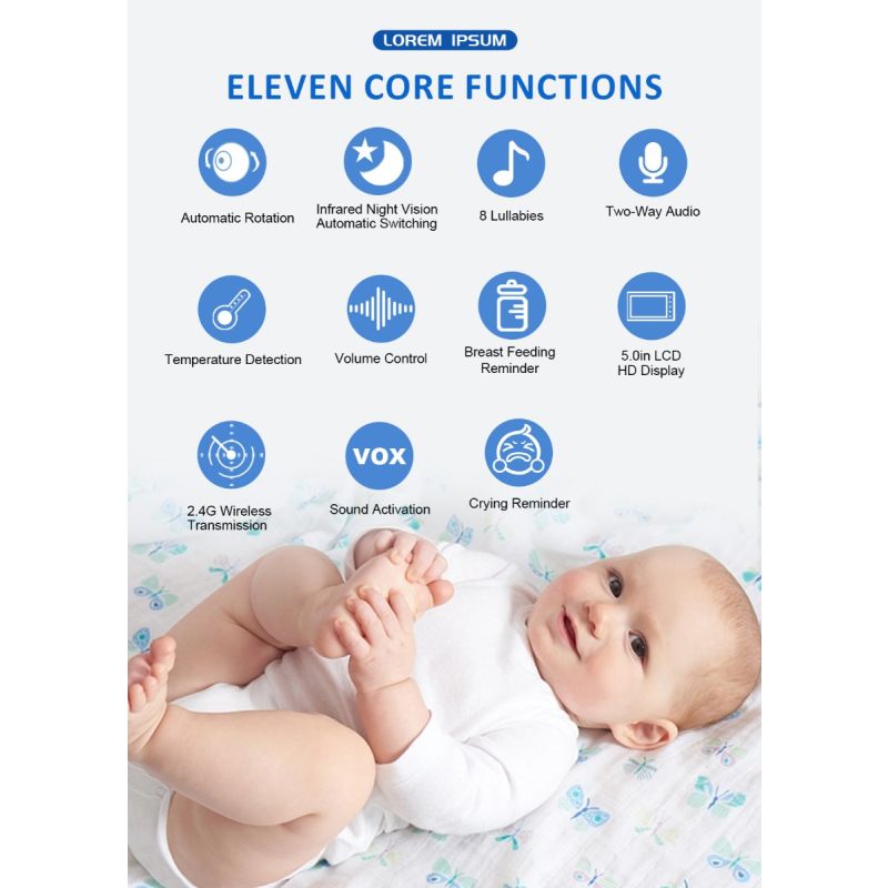 Video Baby Monitor ABM501 2.4G Wireless LCD 5.0 Pollici Audio Bidirezionale Visione Notturna Sicurezza della Famiglia Monitoraggio della Temperatura Tecnologia a Infrarossi