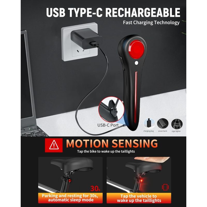 Luce Posteriore Bici Intelligente USB-C: Super Luminosa per Ciclismo su Strada/MTB. Sicurezza al Top!