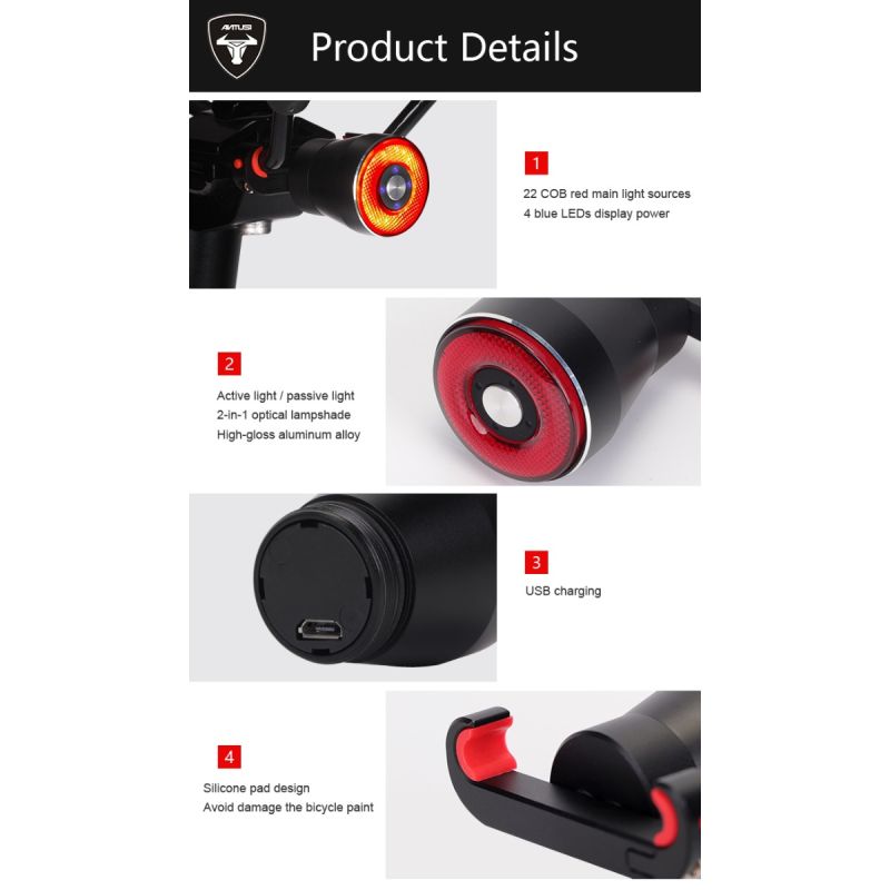 ANTUSI Q5 fanale posteriore smart per bici con avvio automatico impermeabile IPx6 modalità flash multiple per sicurezza e visibilità ottimali accessorio essenziale per ciclismo