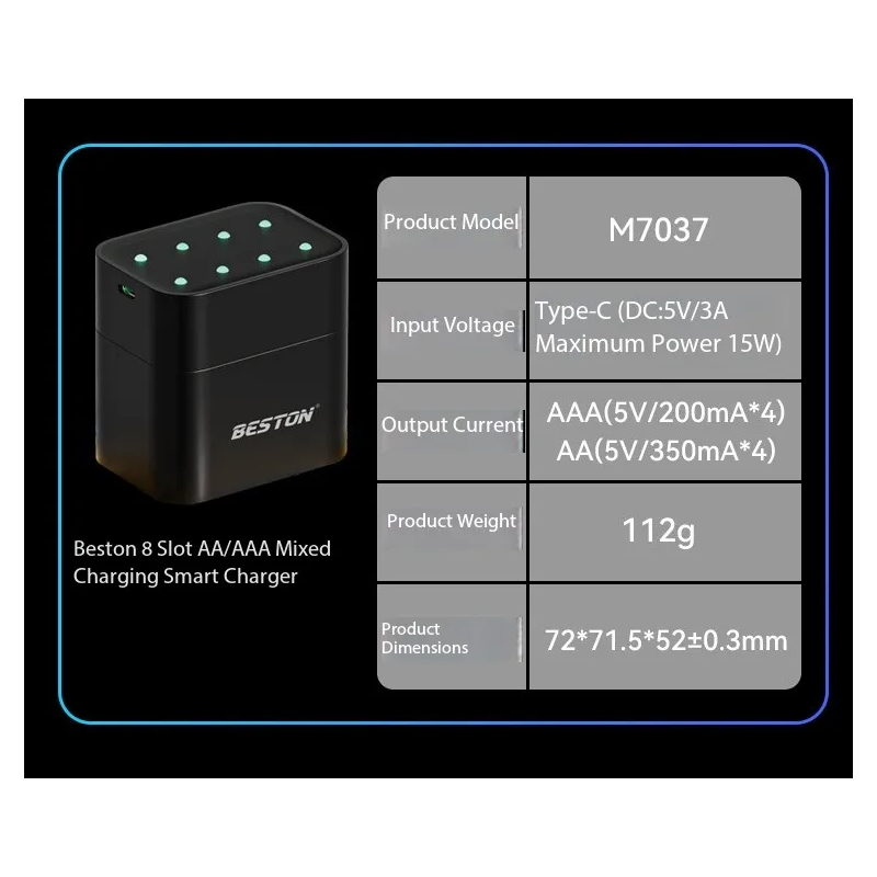 Beston Caricabatterie Smart per Batterie Ricaricabili AA 8 Slot con 1.5V Litio 3600mWh. Ricarica Rapida!