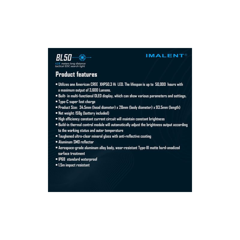 Scoprite la torcia EDC IMALENT BL50 ricaricabile Type-C 3600 lumen per avventure all'aperto design compatto illuminazione versatile display OLED e riparazioni domestiche