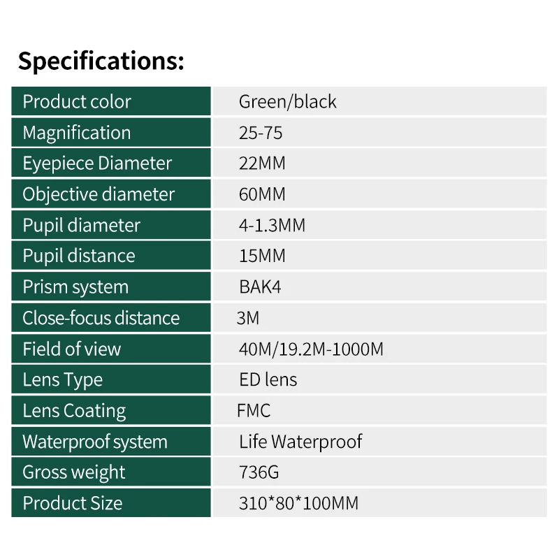 25-75x60 Zoom Cannocchiale ED Potente Monoculare Bak4 Prisma per Campeggio Bird Watching