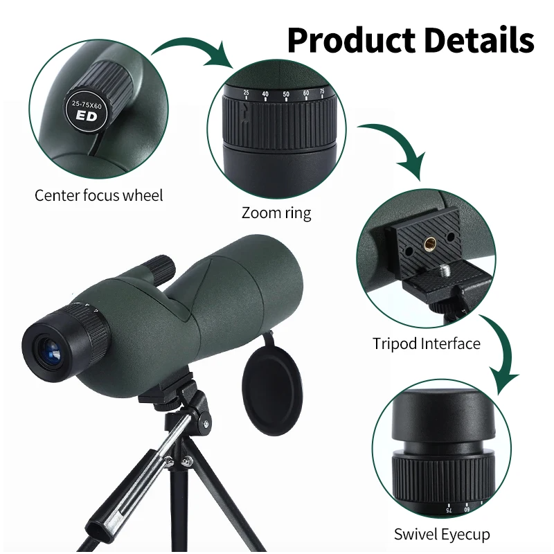 25-75x60 Zoom Cannocchiale ED Potente Monoculare Bak4 Prisma per Campeggio Bird Watching