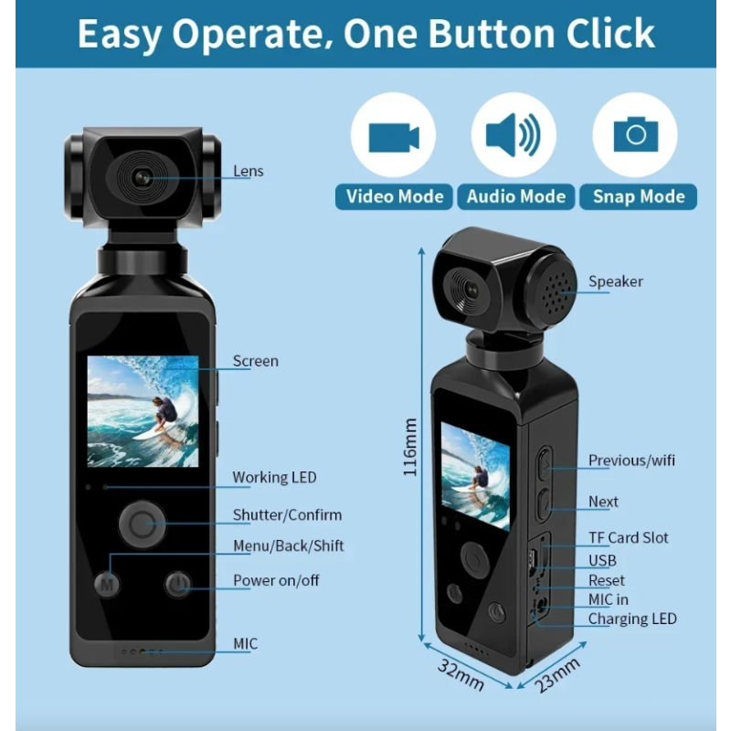 Mini Action Cam 4K Ultra HD Tascabile 270° Vlog Wifi | Sport, Casco, Bici, Auto Registratore