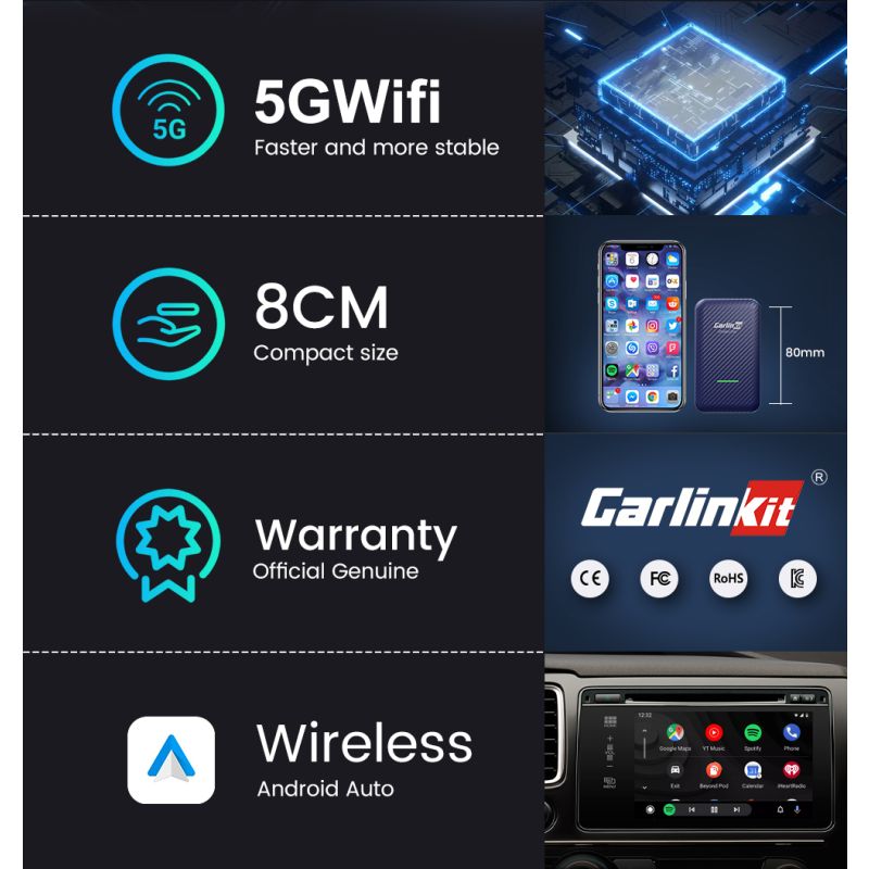 CarlinKit 4.0 Wireless CarPlay Box Adattatore Compatto per Auto con Aggiornamento CarPlay di Fabbrica Controllo al Volante Plug and Play per Audi VW Porsche e Kia