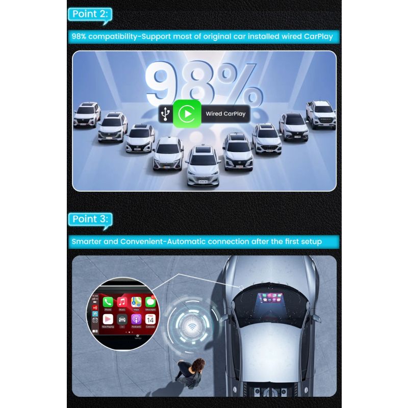 CarlinKit 4.0 Wireless CarPlay Box Adattatore Compatto per Auto con Aggiornamento CarPlay di Fabbrica Controllo al Volante Plug and Play per Audi VW Porsche e Kia