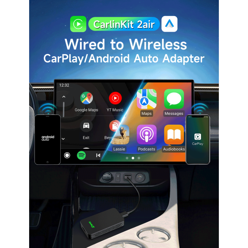 CarlinKit 2air 5.0 Adattatore CarPlay e Android Auto Wireless con Connettività Multipiattaforma e Tecnologia Bluetooth per un'Integrazione Fluida nel Sistema di Infotainment Auto