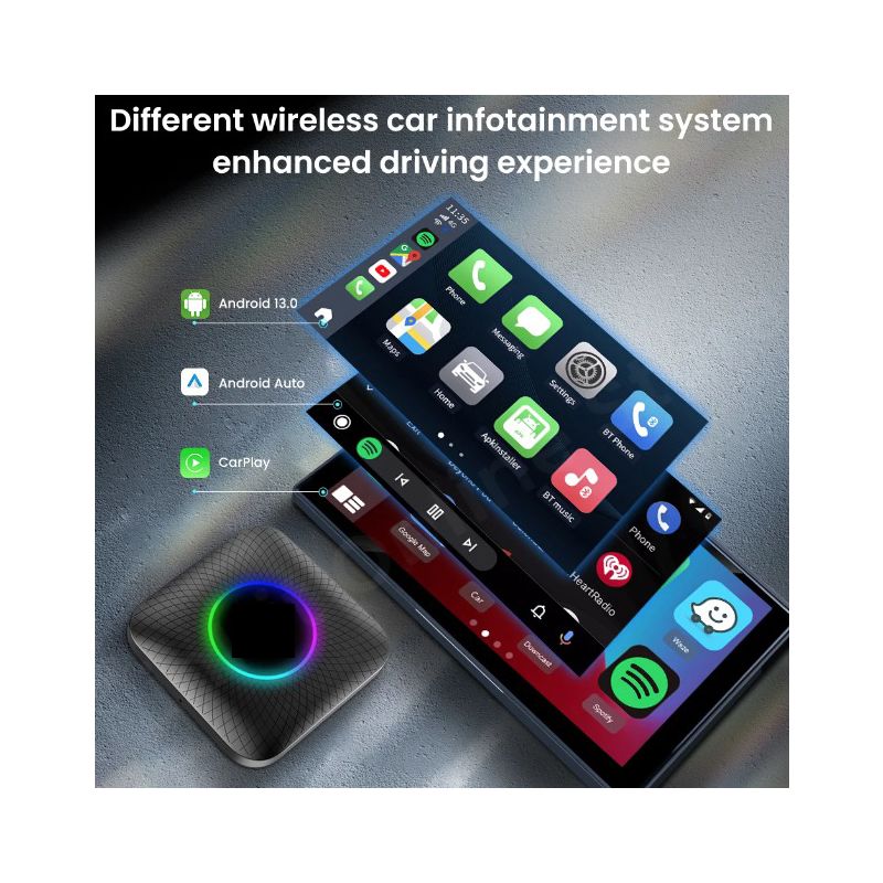 Scopri CarlinKit Smart TV Box CarPlay Ai Box Android 13 tecnologia per intrattenimento in auto da cablato a wireless con processore Qualcomm 8 Core YouTube e Netflix per lunghi viaggi