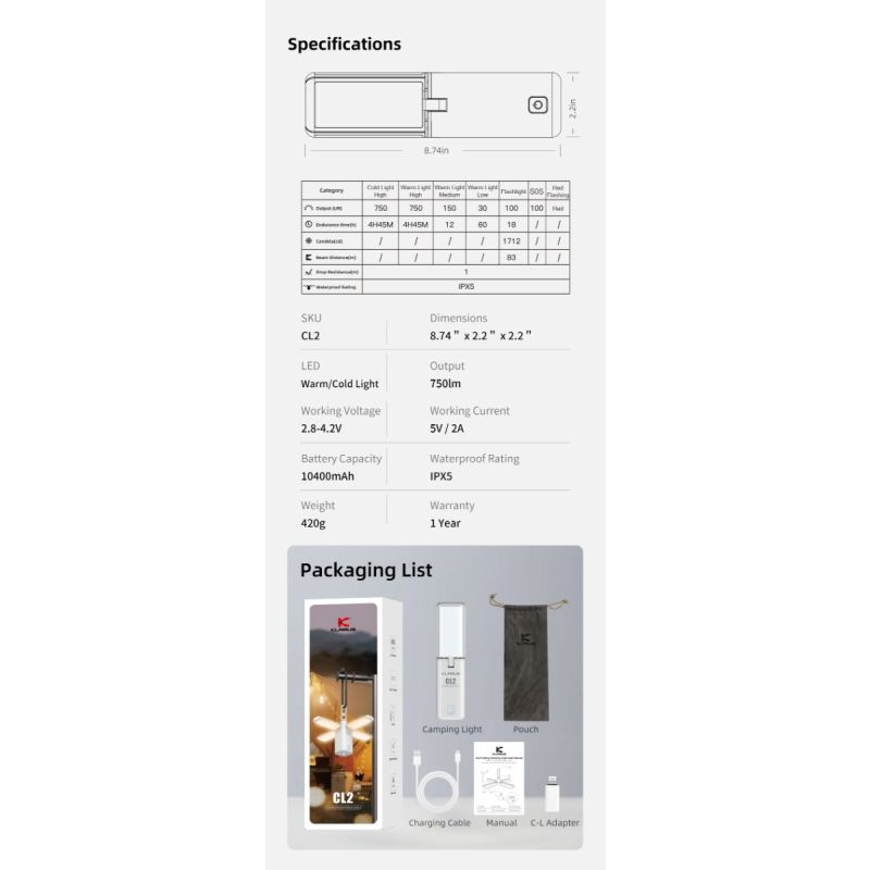 Klarus CL2 750 lumen lampada versatile per campeggio e casa luce d'ambiente con 7 modalità cura degli occhi lampadine a 90 gradi angolo regolabile illuminazione interna ed esterna