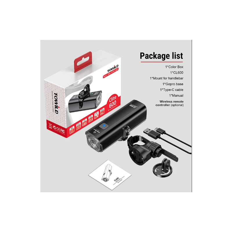 TOWILD CL600 Luce per Bici LED USB Ricaricabile 2000mAh Alta Luminosità Design Impermeabile Sicurezza Ciclismo Urbano e Percorsi Forestali Accessori Bici