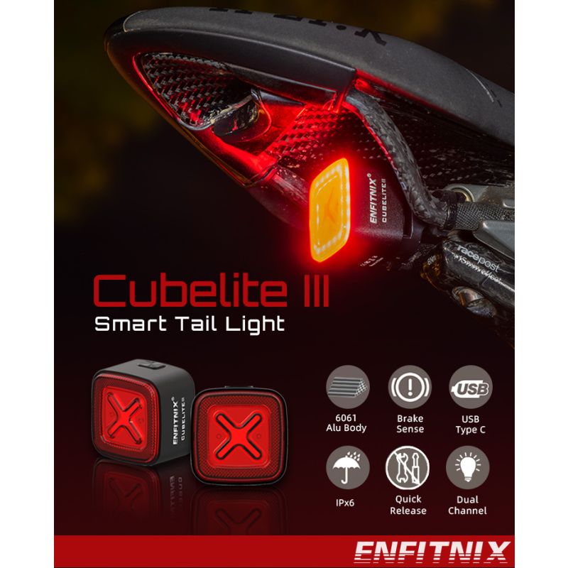 Fanale Posteriore Intelligente Enfitnix Cubelite III Luce Posteriore Ultra Luminosa 30 Lumen Ricarica USB Batteria a Ioni di Litio Sicurezza Ciclismo Design Compatto per Ciclisti