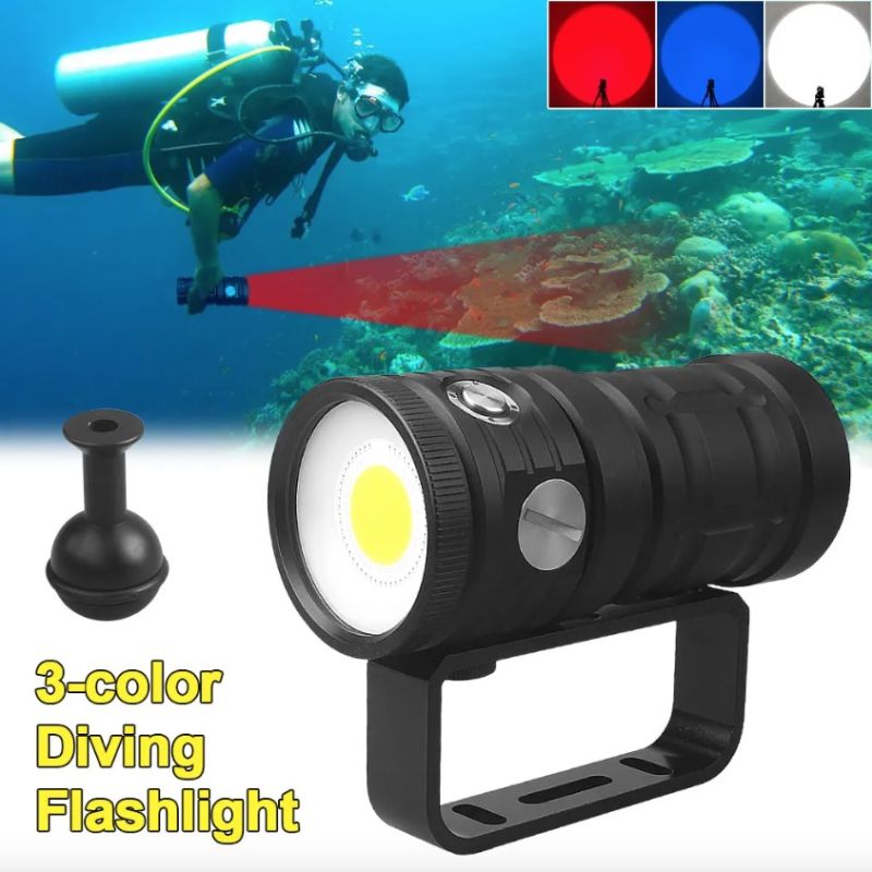Torcia Subacquea D10 Super Luminosa fino a 100m con Luce COB a 3 Colori IPX8 Lente in Vetro Alta Penetrazione per Fotografia Subacquea ed Esplorazione Marina