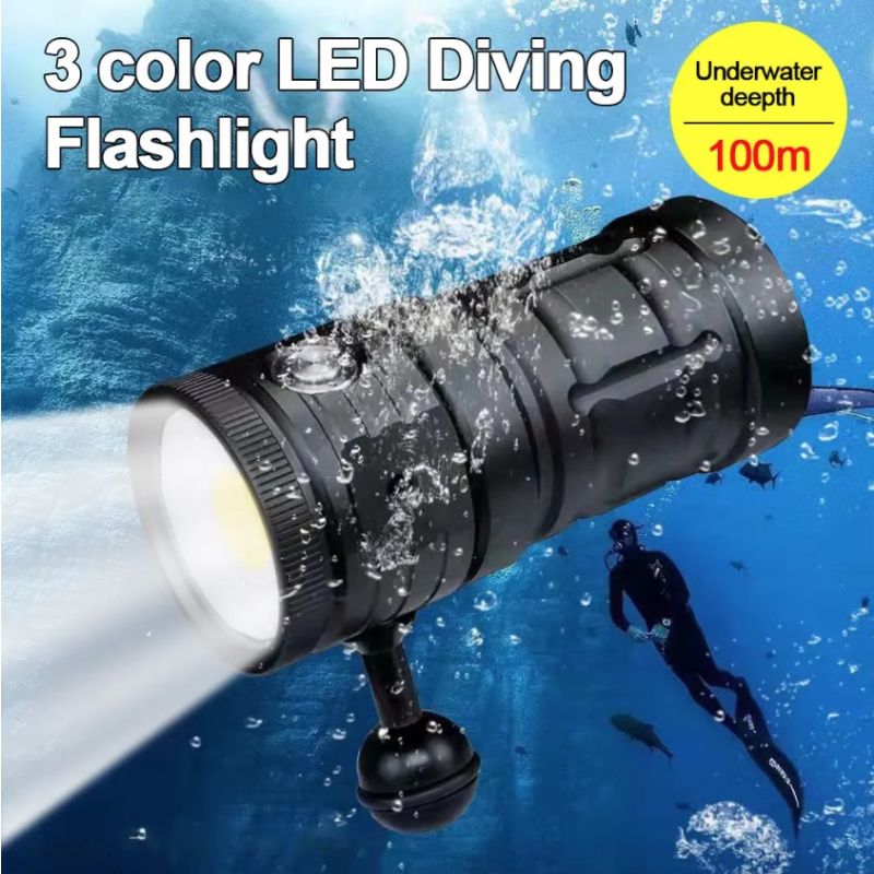 Torcia Subacquea D10 Super Luminosa fino a 100m con Luce COB a 3 Colori IPX8 Lente in Vetro Alta Penetrazione per Fotografia Subacquea ed Esplorazione Marina