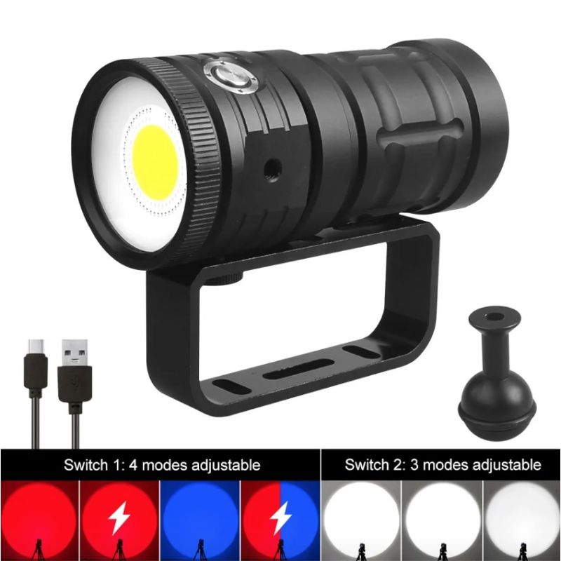 Torcia Subacquea D10 Super Luminosa fino a 100m con Luce COB a 3 Colori IPX8 Lente in Vetro Alta Penetrazione per Fotografia Subacquea ed Esplorazione Marina