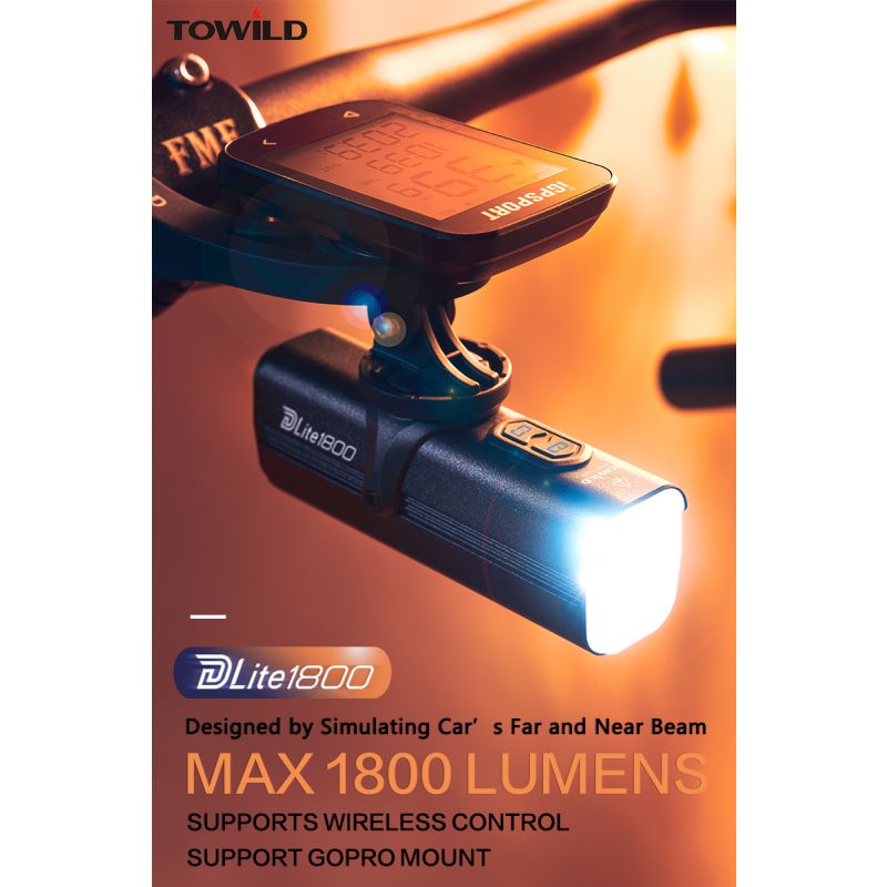 Scopri TOWILD DLite 1800 lampada frontale bici ricaricabile USB con batteria 21700 5000mAh 2100 lumen massimi e supporto stile GoPro per ciclismo notturno e visibilità eccellente