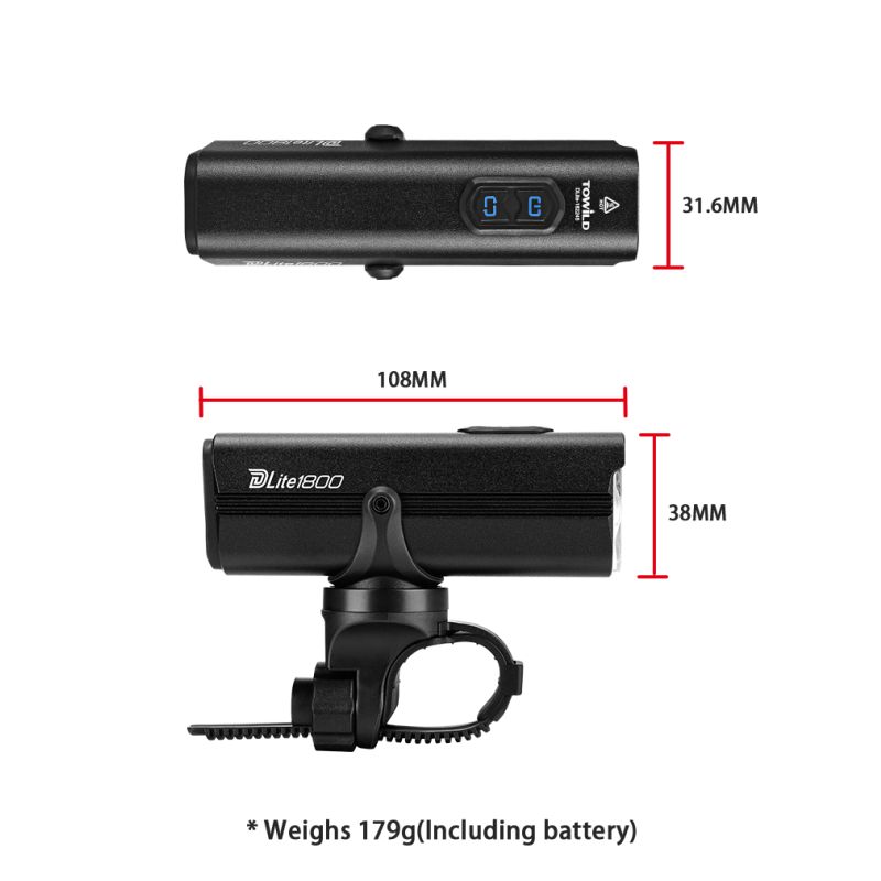 Scopri TOWILD DLite 1800 lampada frontale bici ricaricabile USB con batteria 21700 5000mAh 2100 lumen massimi e supporto stile GoPro per ciclismo notturno e visibilità eccellente