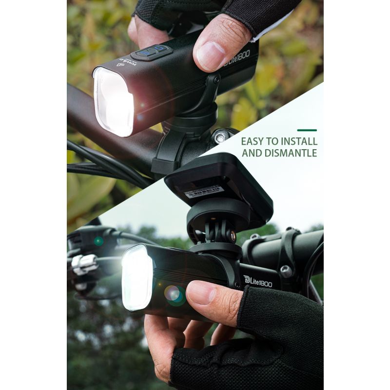Scopri TOWILD DLite 1800 lampada frontale bici ricaricabile USB con batteria 21700 5000mAh 2100 lumen massimi e supporto stile GoPro per ciclismo notturno e visibilità eccellente