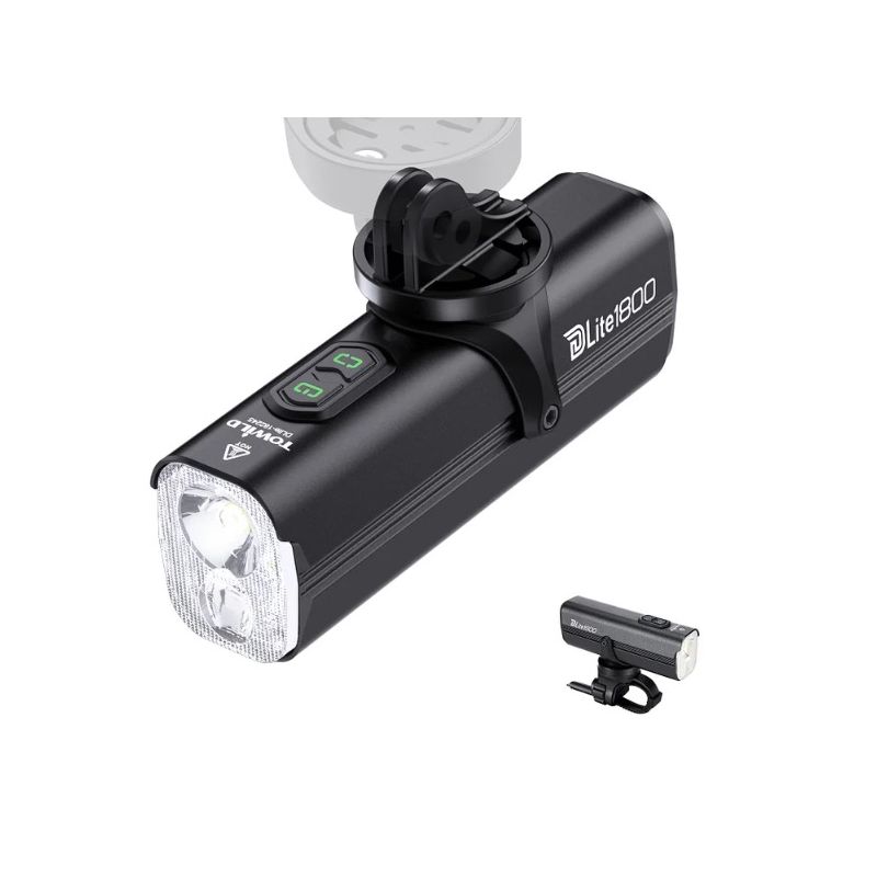 Scopri TOWILD DLite 1800 lampada frontale bici ricaricabile USB con batteria 21700 5000mAh 2100 lumen massimi e supporto stile GoPro per ciclismo notturno e visibilità eccellente