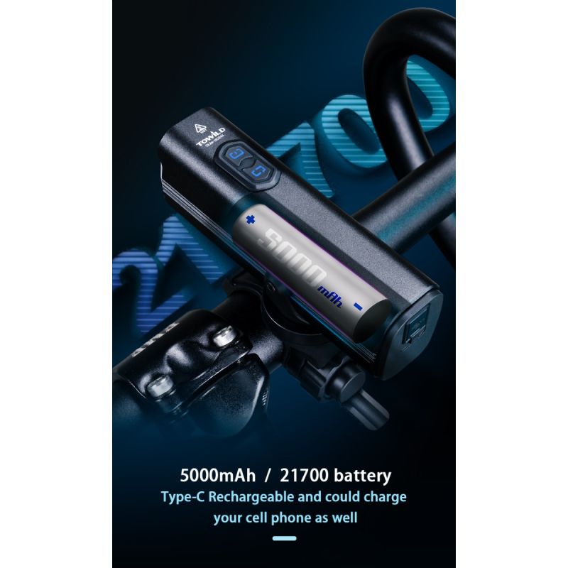 Scopri TOWILD DLite 1800 lampada frontale bici ricaricabile USB con batteria 21700 5000mAh 2100 lumen massimi e supporto stile GoPro per ciclismo notturno e visibilità eccellente