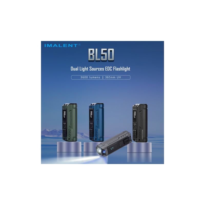 Scoprite la torcia EDC IMALENT BL50 ricaricabile Type-C 3600 lumen per avventure all'aperto design compatto illuminazione versatile display OLED e riparazioni domestiche