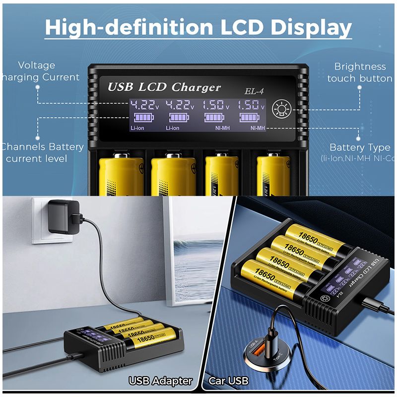 Caricabatterie Intelligente USB LCD per Batterie Ricaricabili 18650 e Ni-MH AA AAA Monitoraggio Ricarica con Display LCD Compatibilità Versatile e Gestione Efficiente delle Batterie