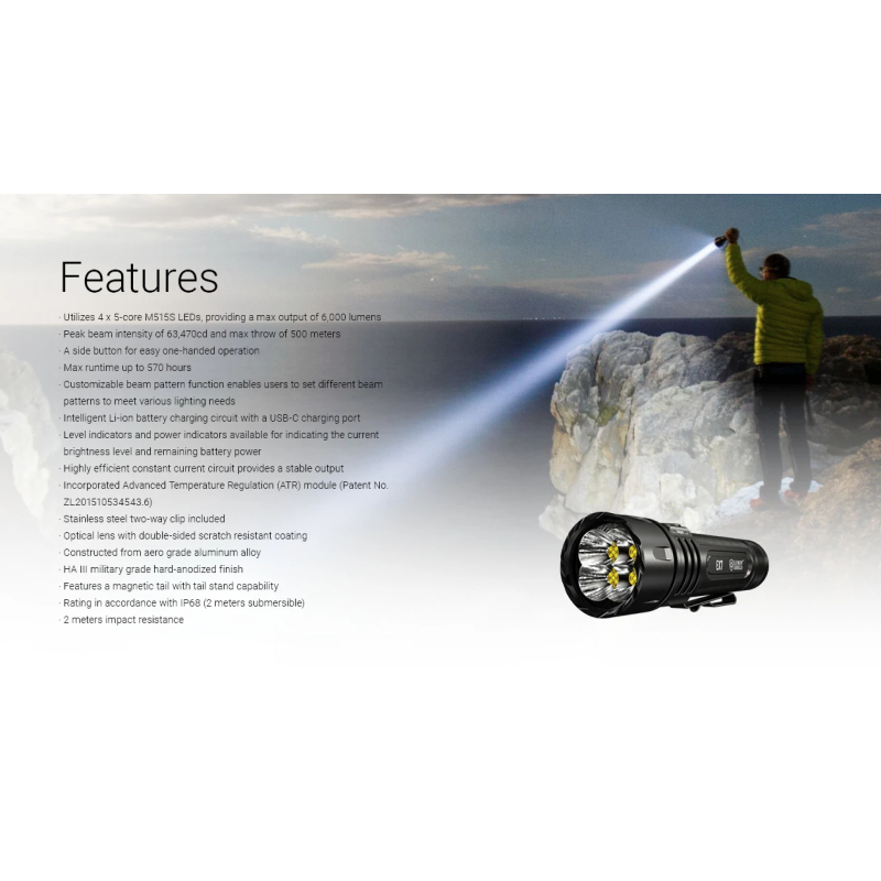 Nitecore EX7 Torcia LED 6000 Lumen USB-C Ricaricabile | Illuminazione Potente per Outdoor, Escursionismo.