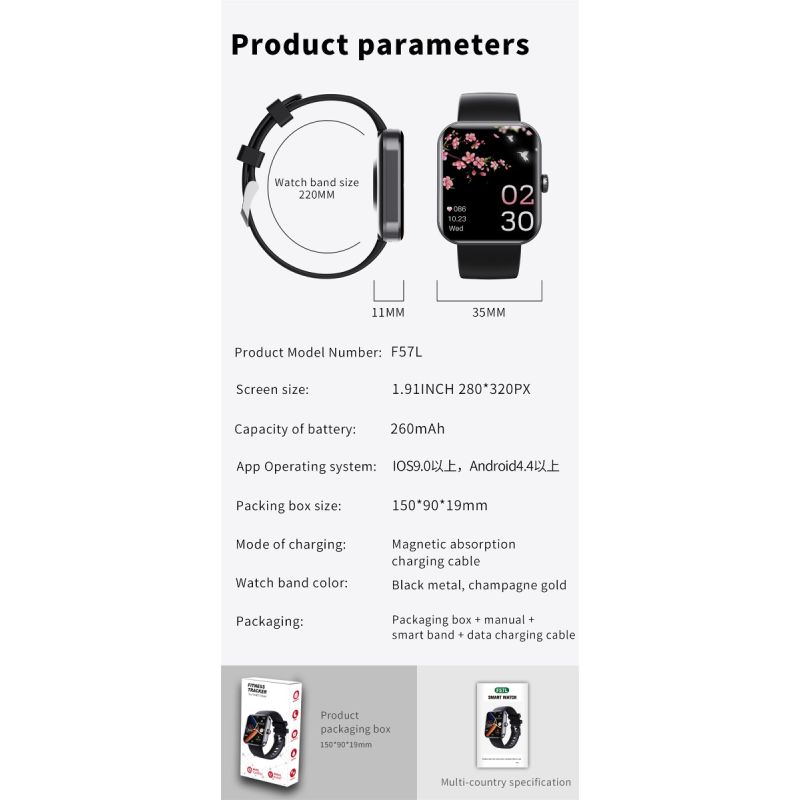 Smartwatch F57L: Monitoraggio Glicemia, Pressione Sanguigna, Frequenza Cardiaca, Temperatura, Sport. Schermo 1.91
