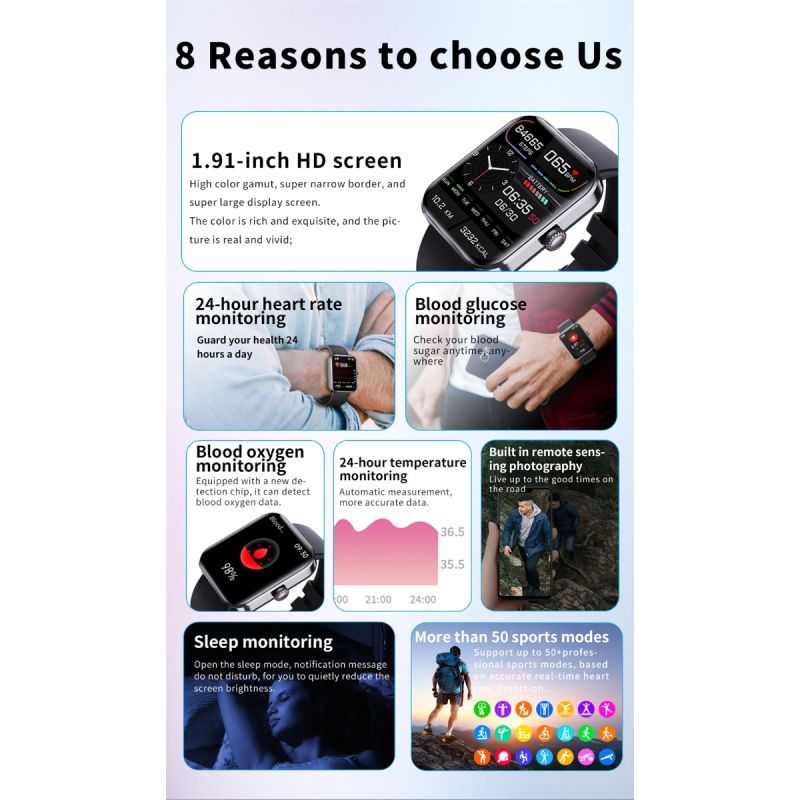 Smartwatch F57L: Monitoraggio Glicemia, Pressione Sanguigna, Frequenza Cardiaca, Temperatura, Sport. Schermo 1.91