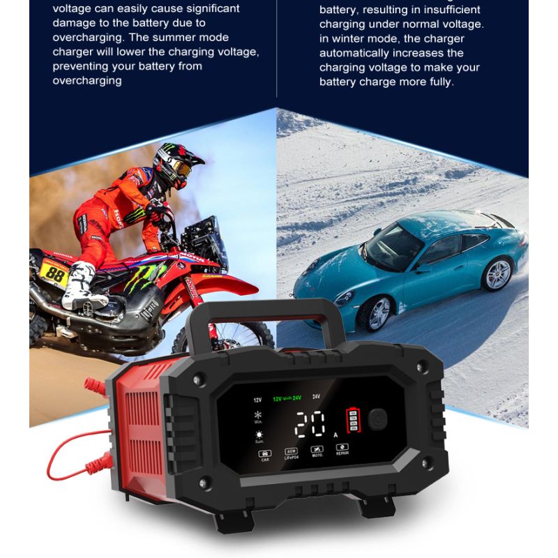 Caricabatteria Portatile FOXSUR 20A 12V 24V Moto Camion Ricarica a 7 Fasi Manutentore Batterie AGM LiFePO4 Prestazioni Affidabili Lunga Durata Compagno Essenziale Tranquillità