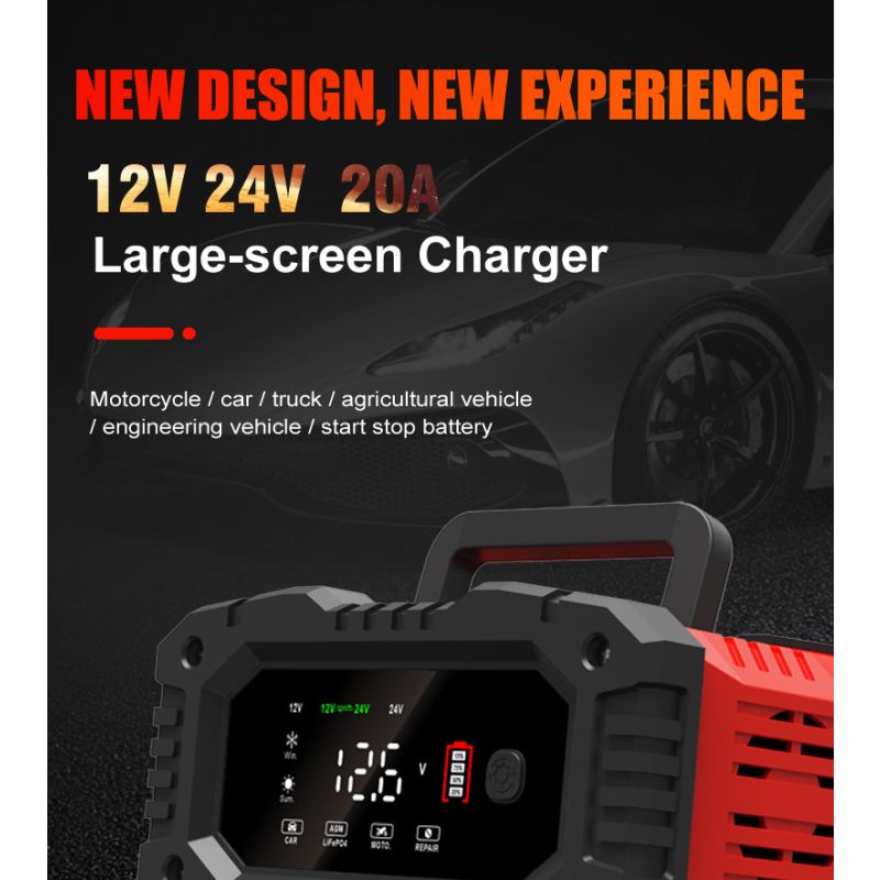 Caricabatteria Portatile FOXSUR 20A 12V 24V Moto Camion Ricarica a 7 Fasi Manutentore Batterie AGM LiFePO4 Prestazioni Affidabili Lunga Durata Compagno Essenziale Tranquillità