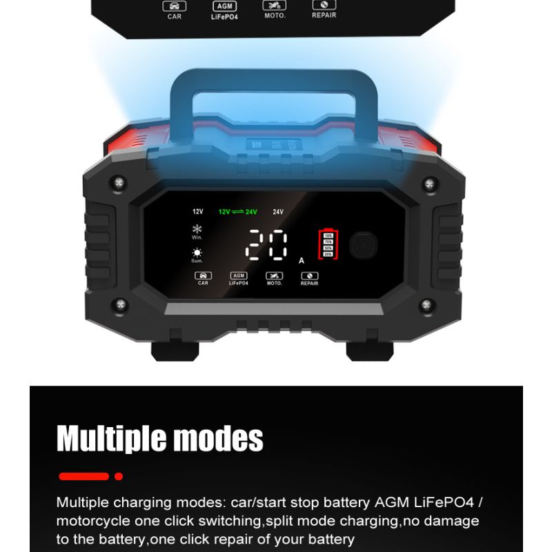 Caricabatteria Portatile FOXSUR 20A 12V 24V Moto Camion Ricarica a 7 Fasi Manutentore Batterie AGM LiFePO4 Prestazioni Affidabili Lunga Durata Compagno Essenziale Tranquillità