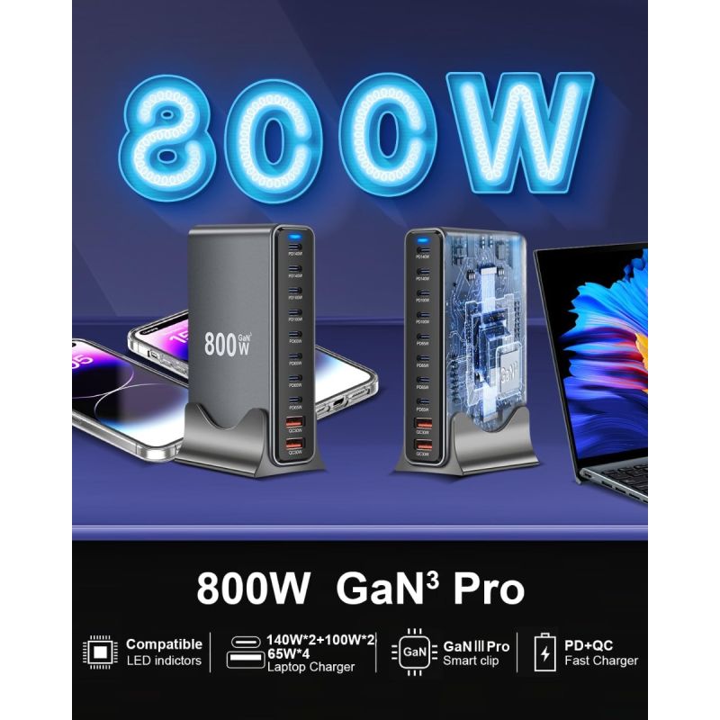 Caricatore USB C 800W GaN III Pro 10 Porte PD PPS 140W per MacBook Pro iPhone Ricarica Veloce