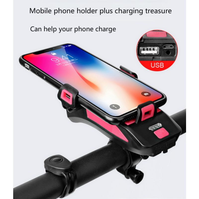 Luce per Bicicletta Multifunzione 4 in 1 lumen clacson potente supporto per telefono Sicurezza e Visibilità in Ciclismo Urbano e Avventure Notturne Accessori da Ciclismo