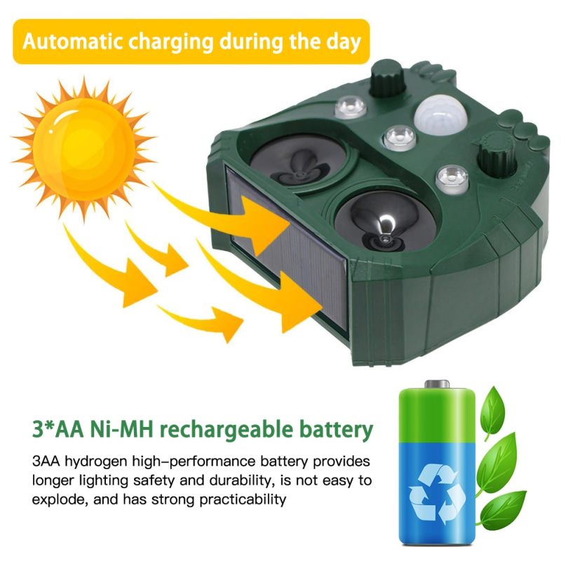 Repellente Animale Ultrasonico Solare per Giardini Protezione Esterna Impermeabile IP44 Controllo Fauna Selvatica Ecologico Resistente alle Intemperie onde sonore e ultrasuoni