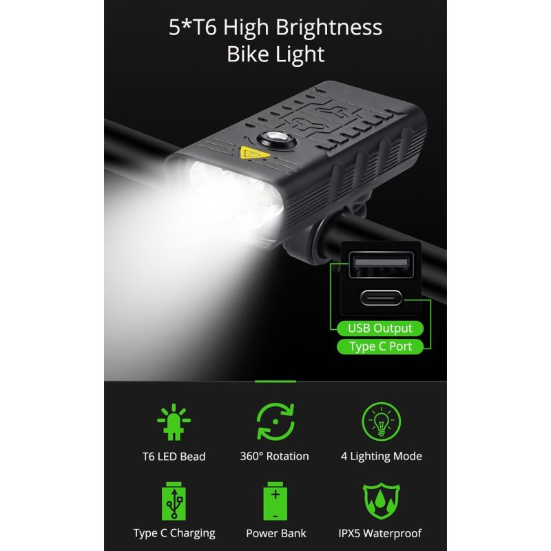 Luci Anteriori TK5 5000 Lumen Faro Ricaricabile USB in Lega di Alluminio Super Luminoso per Sicurezza Ciclismo e Guida Notturna Accessori per Bici con Modalità di Illuminazione Multiple