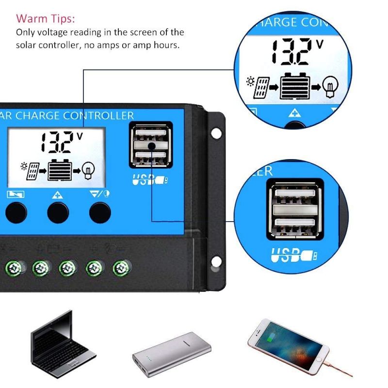 Controller di Carica Solare PWM 12V 24V per Pannelli Solari Display LCD Uscita USB Doppia Perfetto per Sistema Solare Domestico e Camper Compatibile con Batterie Gel AGM e Altro