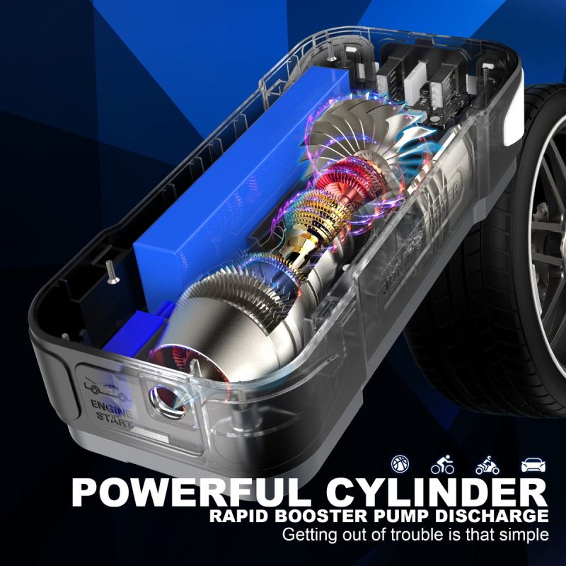 Dispositivo Avviamento Caricabatterie Portatile Power Bank 2000A Compagno Emergenza Ideale Per Problemi Batteria Auto Gonfiare Pneumatici e Palloni 150PSI Design Compatto