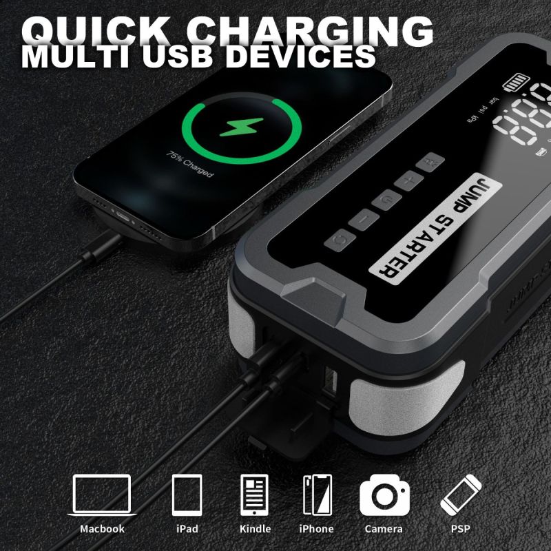 Dispositivo Avviamento Caricabatterie Portatile Power Bank 2000A Compagno Emergenza Ideale Per Problemi Batteria Auto Gonfiare Pneumatici e Palloni 150PSI Design Compatto