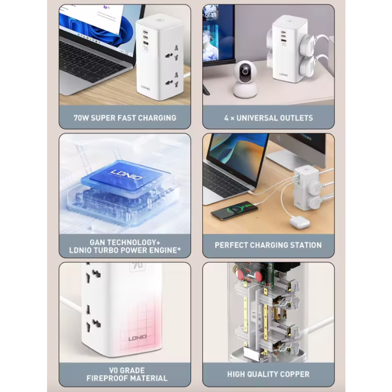 LDNIO Multipresa Verticale 70W: Caricabatterie USB-C/A Universale, Cubo Salvaspazio per Casa/Ufficio