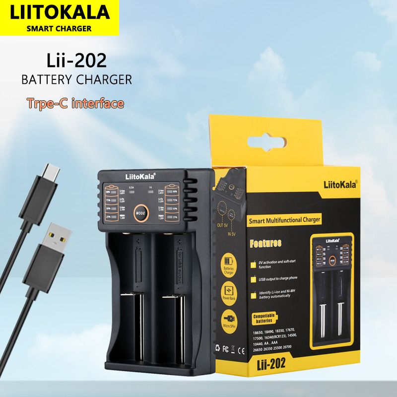 LiitoKala Lii-202 caricabatterie intelligente per batterie 3.7V Li-ion 18650 21700 NiMH con doppio canale di ricarica ingresso Micro USB uscita USB per ricarica efficiente e sicura
