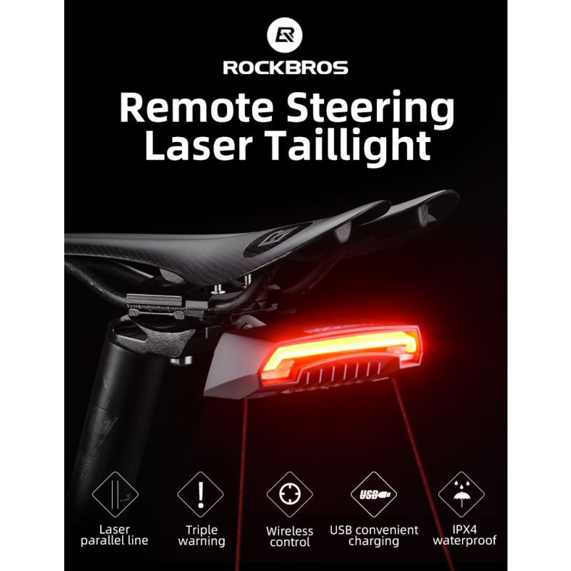 ROCKBROS LKWD-R1 Luce per bici LED USB Smart con telecomando senza fili e laser stradale ideale per ciclismo urbano e mountain biking massima sicurezza e visibilità