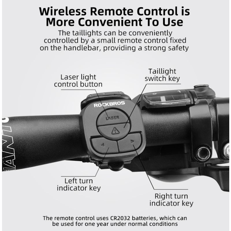ROCKBROS LKWD-R1 Luce per bici LED USB Smart con telecomando senza fili e laser stradale ideale per ciclismo urbano e mountain biking massima sicurezza e visibilità