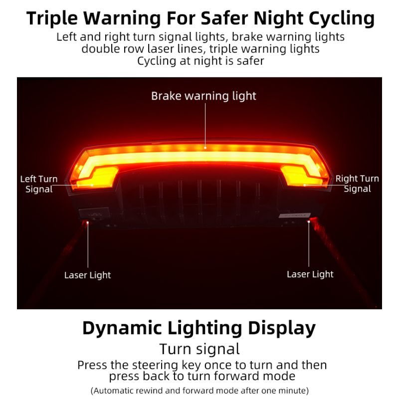 ROCKBROS LKWD-R1 Luce per bici LED USB Smart con telecomando senza fili e laser stradale ideale per ciclismo urbano e mountain biking massima sicurezza e visibilità