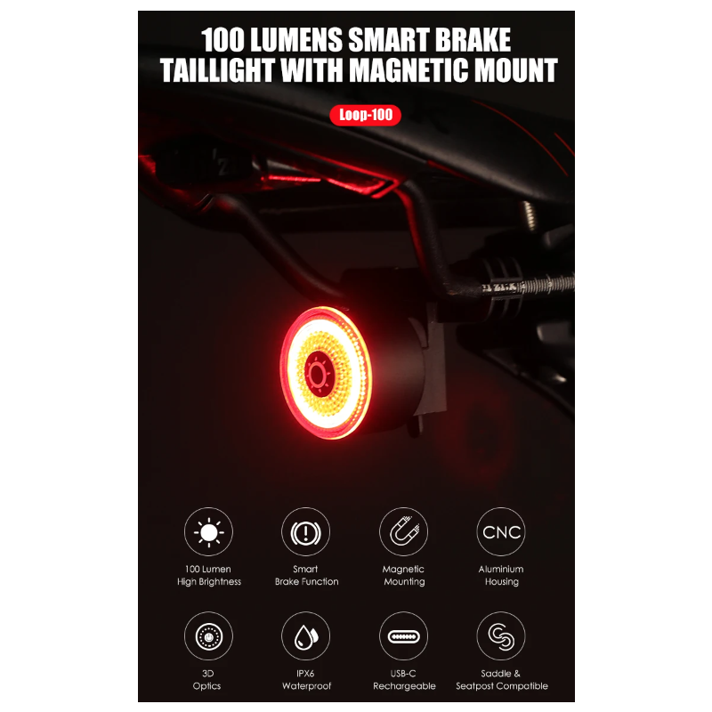 Gaciron LOOP-100 Fanali Posteriori per Bici Alta Luminosità Sensore Freno Design Magnetico in Lega di Alluminio Accessorio Resistente e Leggero per Sicurezza in Ciclismo e Visibilità