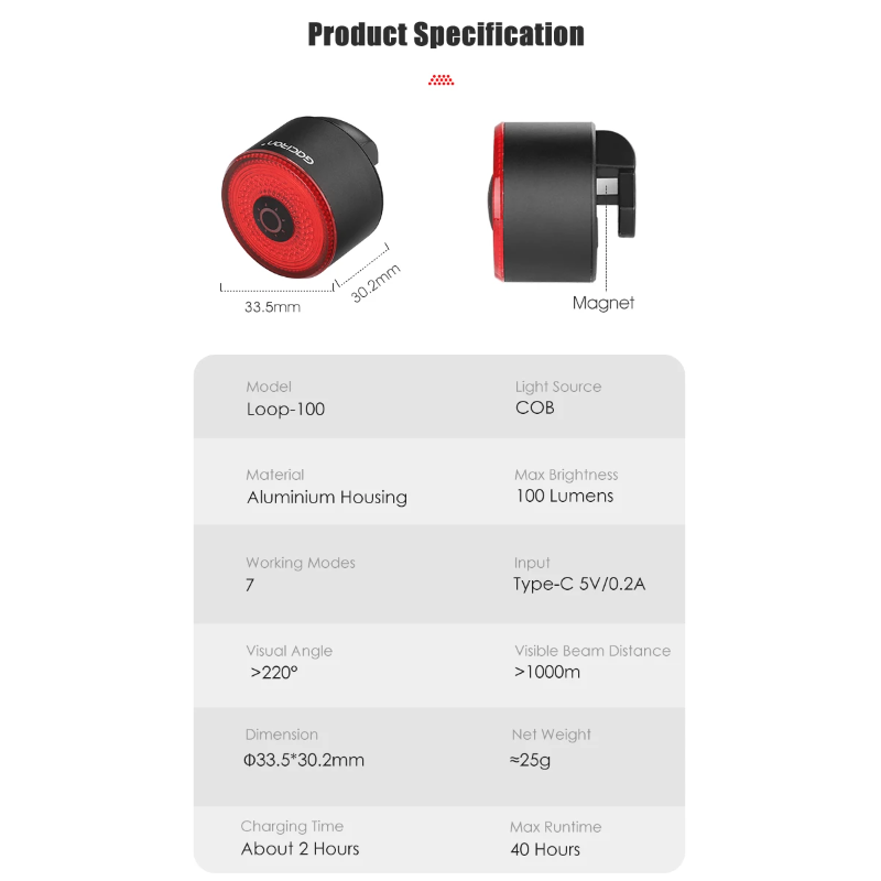 Gaciron LOOP-100 Fanali Posteriori per Bici Alta Luminosità Sensore Freno Design Magnetico in Lega di Alluminio Accessorio Resistente e Leggero per Sicurezza in Ciclismo e Visibilità