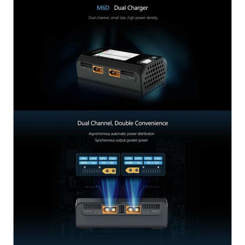 ToolkitRC M6D Caricabatterie Intelligente 500W 15A Doppio Canale per LiPo LiHV LiFe RC Volo Elettrico Ricarica Veloce per Droni Modellismo Dispositivi Radiocomandati Alta Potenza